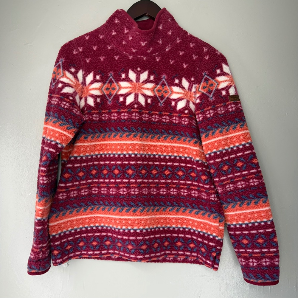LL Bean Womens Small Hi-Pile Fleece Pullover Fair Isle Mock Neck Burgundy Orange